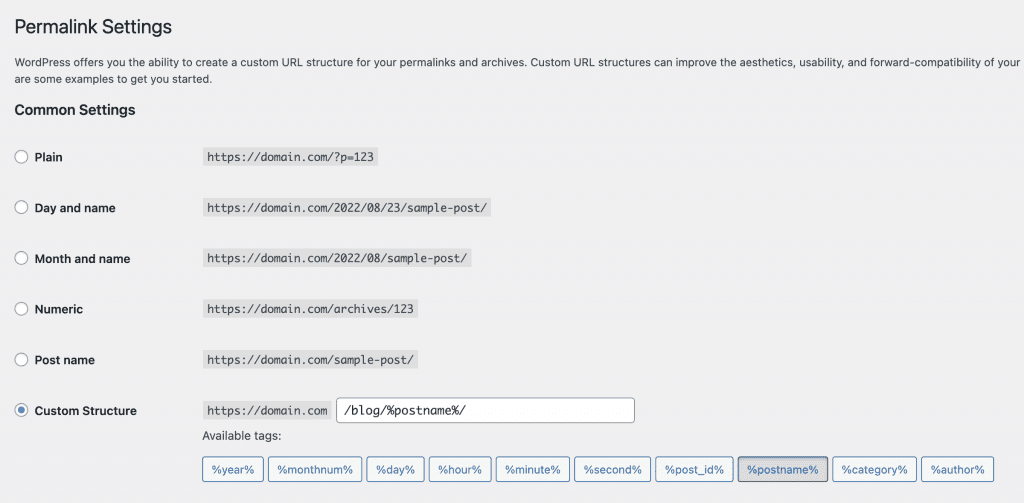 WordPress Default Posts Permalink structure